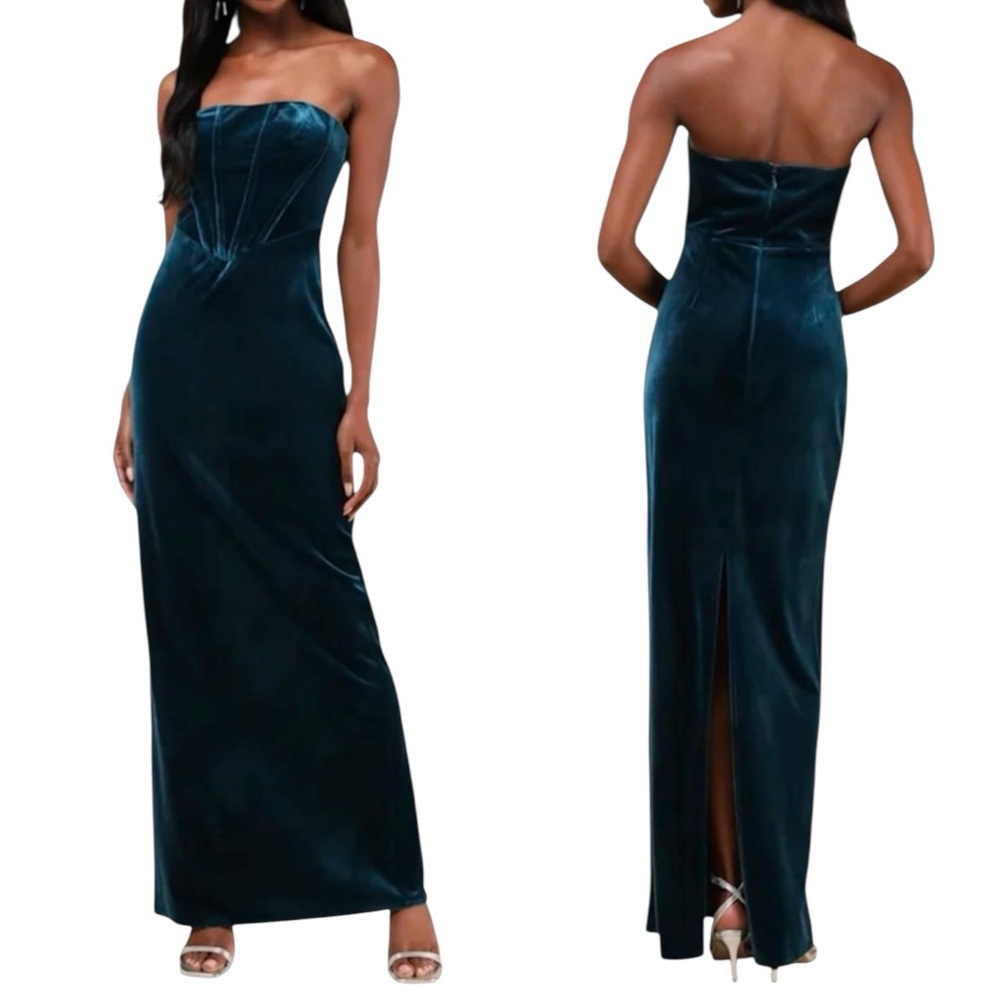 NWOT Lulus Regal Affect Teal Blue Velvet Bustier Strapless Stretchy Maxi Dress